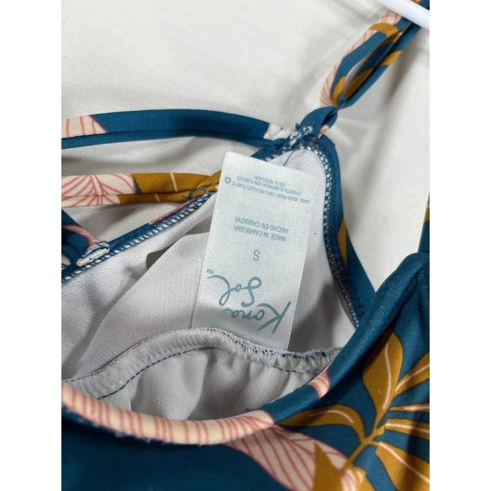 Kona Sol Womens Small Teal Tropical Floral Lace Up Back One Piece Swimsuit